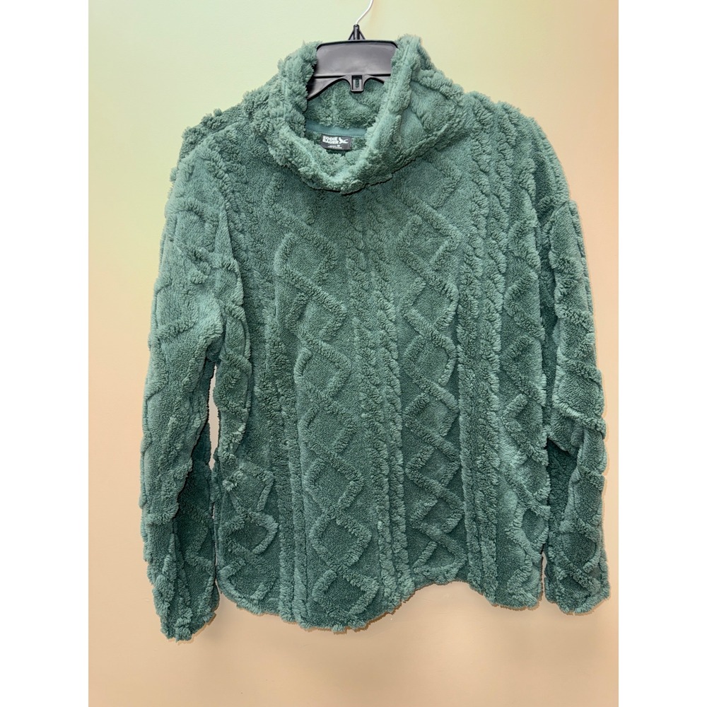 Eddie Bauer Womens M Green Sherpa Fleece Pullover Sweater Cable Knit Texture